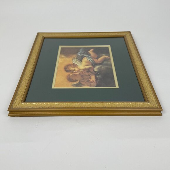 Vintage Cherub Angel Print Double Mat Gold Embossed Frame 14" x 16" - Picture 3 of 6